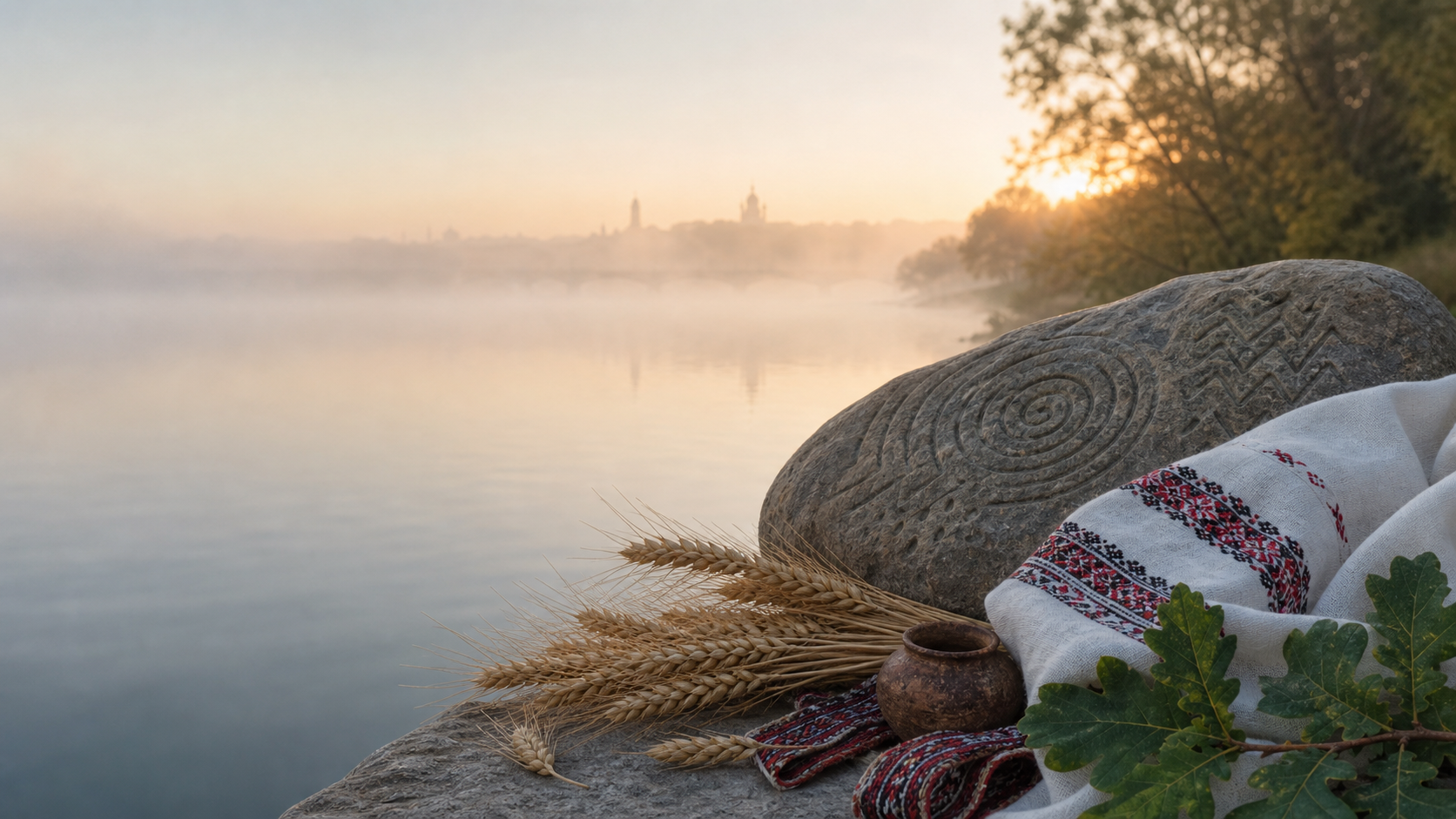 Ранкова ріка, вишитий текстиль, тканий пояс, пшениця, дубове листя й камінь з орнаментом